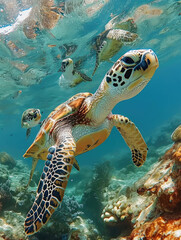 Turtles swimming up, Underwater, Tropical. Generative AI.