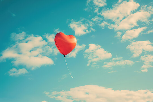 horizontal illustration of a heart shaped balloon flying in a cinematic sky AI generated
