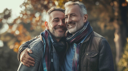 horizontal image of a middle age homosexual couple hugging each other AI generated