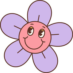 Groovy blooming flower character with face