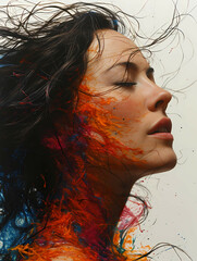 Digital Color And Sketch Artist Drawing, A Woman With Her Eyes Closed And A Colorful Body Paint On Her Face