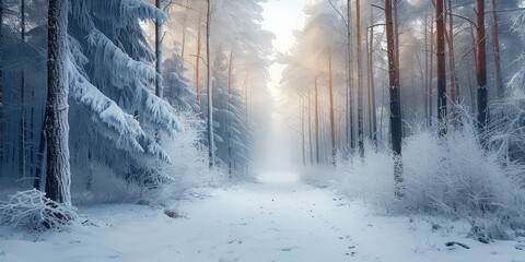 Winter forest with snow-covered trees in the fog. Generative AI.