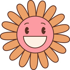 Retro cheerful sunflower character with face