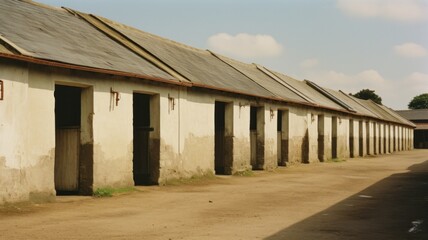 Fototapeta na wymiar An image of a row of stables, each with a horse poking its head out to greet visitors.