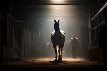 An image capturing the moment a horse is led out of its stable into a paddock.