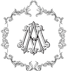 Victorian wedding monogram MA initial. vintage crest frame Hand drawn template