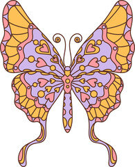 Retro groovy butterfly in purple and yellow hues