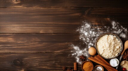 Top view of baking ingredients on wooden background with copy space for text. - obrazy, fototapety, plakaty