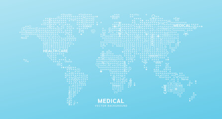 Medical health care. Blue world map background with medical equipment and organs icons. Banners for food and medicine advertisements. Vector EPS10.