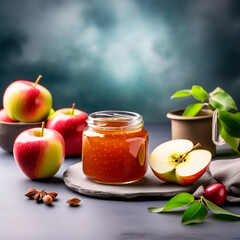 Homemade jam in a glass jar and fresh green apples on a dark background
