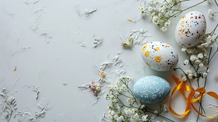 Easter Eggs in the nest framed by flowers and ribbon
