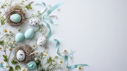 Easter Eggs in the nest framed by flowers and ribbon