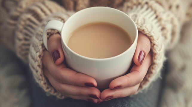 Warm Hands Embracing a Cozy Cup of Tea, Evoking Comfort and Warmth on a Cold Day