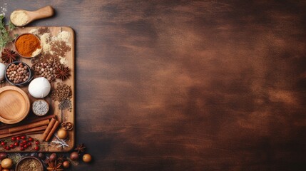 Top view of baking ingredients on wooden background with copy space for text.