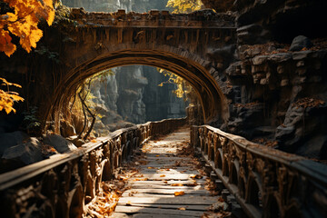 An image of a bridge spanning a chasm, with a golden path in the center representing the ideal path. - obrazy, fototapety, plakaty