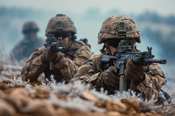 A soldiers shoot from machine guns. Generative AI. - obrazy, fototapety, plakaty