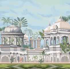 Traditional Indian Mughal palace, architecture, arch, dome, peacock illustration vector