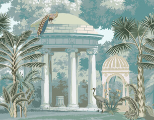Mughal Greek Garden in East Indian style. British Raj forest pattern with peacock vector - obrazy, fototapety, plakaty