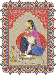 Indian Mughal queen, courtesan seating, hukkah, traditional frame illustration