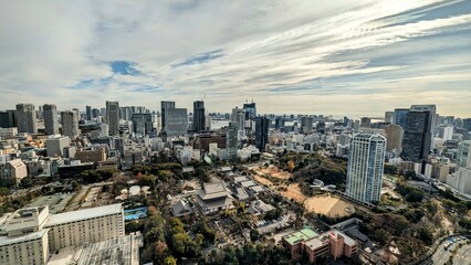 Skyline Aussicht auf Hochhäuser in Tokio mit Tempel Kontrast und Skytree Turm - obrazy, fototapety, plakaty