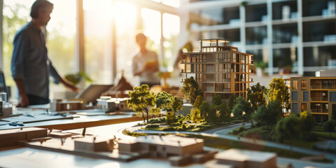 architects team working on new modern sustainable apartment buildings project in office. residential complex scale model on the table - obrazy, fototapety, plakaty