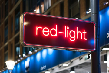 Rotlichtviertel: Städtisches Ambiente mit dem charakteristischen Schild in der Nacht - obrazy, fototapety, plakaty