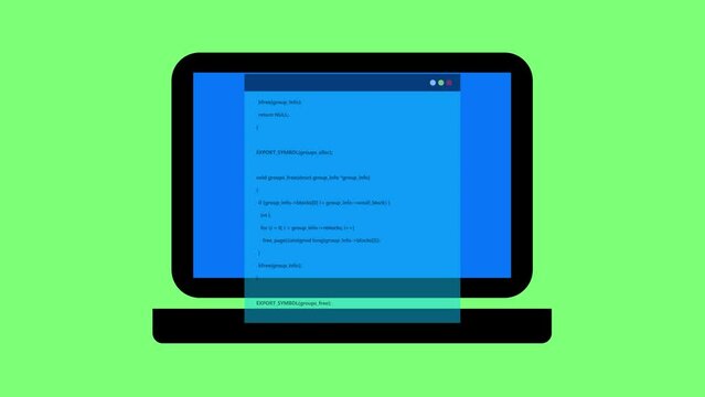 Laptop with blue screen programing code animated on green background