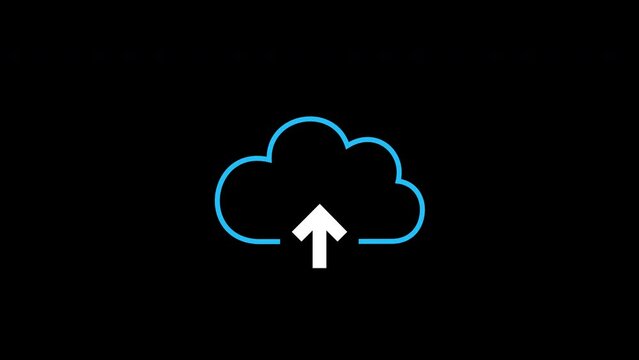 Blue cloud upload icon animation. Isolated on a black background. Alpha channel.