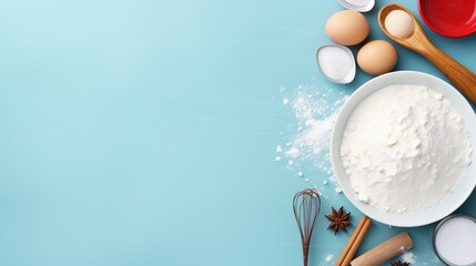 Top view of baking ingredients and utensils on blue background.
