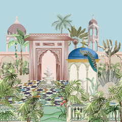 Traditional Moroccan, Islamic Mughal, Persian palace, garden, arch pattern