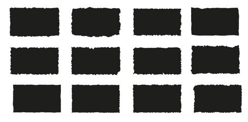 Set of torn paper pieces. Black grunge jagged rectangle frames. Vector torn paper sheet for sticker, collage, banner. Ripped shapes silhouettes isolated on white background. - obrazy, fototapety, plakaty