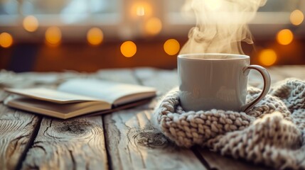 Cozy Winter Scene with Hot Coffee Cup Wrapped in Knitted Scarf and an Open Book, Relaxing Atmosphere