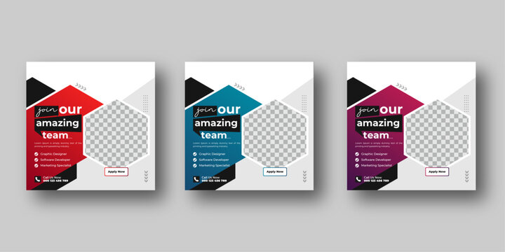 We are hiring job vacancies social media posts or square web banner template designs with red blue and purple color variations 