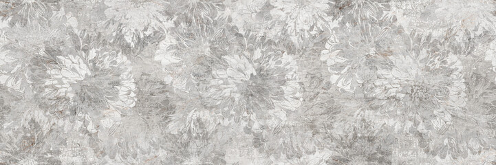 White brush effect flowers pattern with grunge texture for wallpaper, textile or ceramic design, repeating vintage baclground