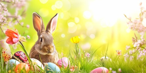 Happy Easter banner Illustration with Cute Easter Bunny and Eggs