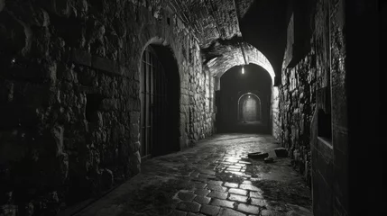 Fotobehang As you descend deeper into the dungeon, the shadows grow thicker and the screams of past prisoners seem to echo off the walls, reminding you of the horrors that took place Fantasy art © Justlight