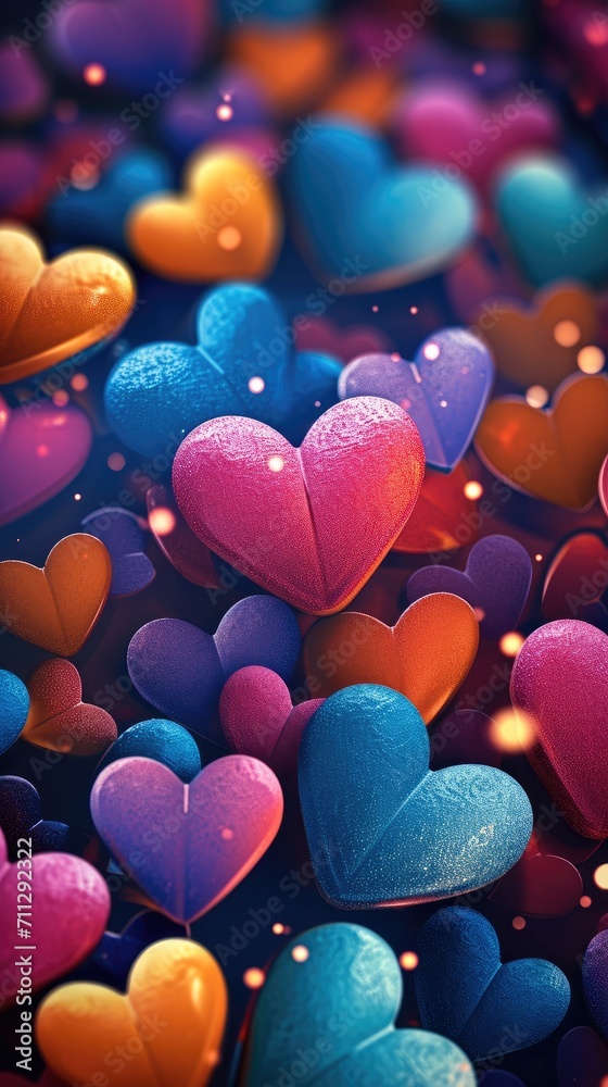 Poster festive background with colorful hearts. generative ai.