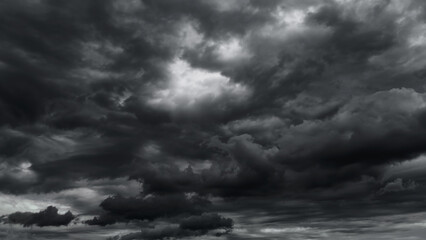 dark dramatic sky with black stormy clouds before rain or snow as abstract background, extreme...