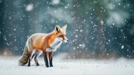 Obraz premium Majestic Red Fox in a Snowy Winter Landscape, Searching for Prey. Wildlife Adaptation and Survival in the Cold Season Concept