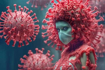 A woman in a medical mask and a red virus suit on the background of a corona virus. A woman in a medical mask looks at the virus.