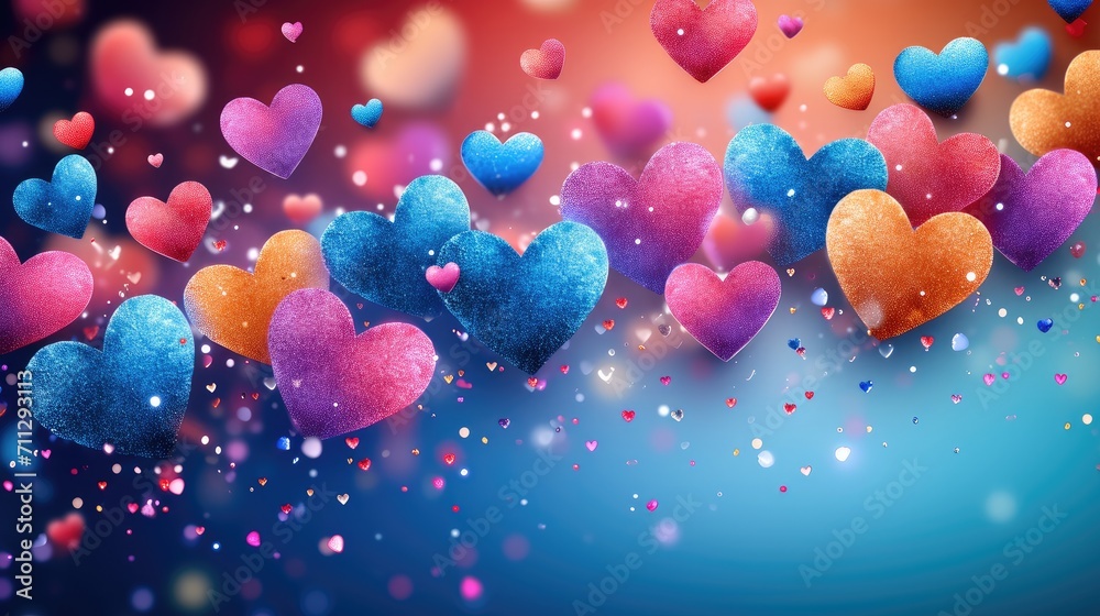 Poster festive background with colorful hearts. generative ai.