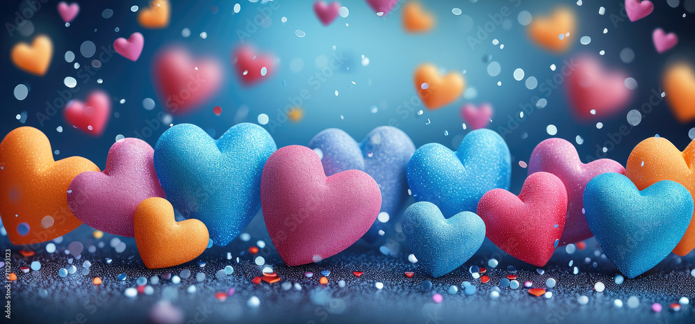 Poster festive background with colorful hearts. generative ai.