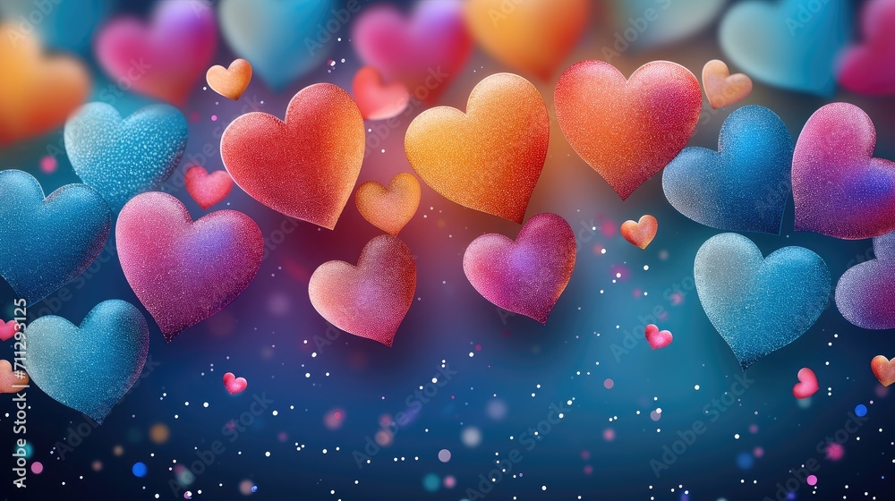 Poster festive background with colorful hearts. generative ai.