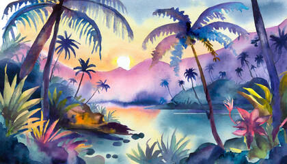 Fototapeta na wymiar Watercolor Art Painting: Tropical Fantasy with Hidden Creatures Mysteriously at Dusk