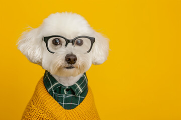 A cute white dog in a College or university graduation costume sits on a yellow background A funny pet.