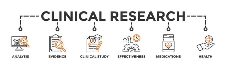 Clinical research banner web icon vector illustration concept with icon of analysis, evidence, clinical study, effectiveness, medications and health