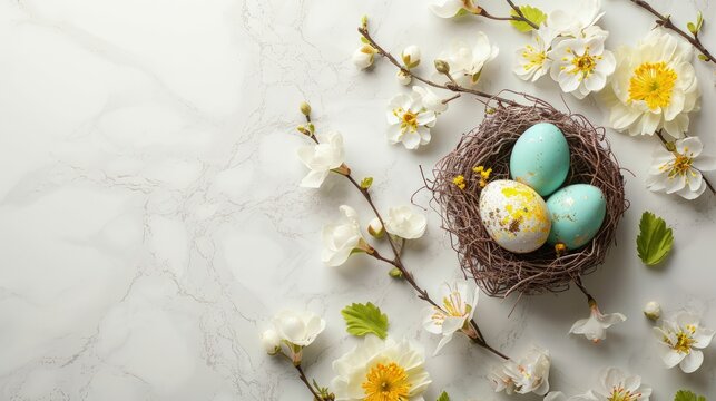 Background Egg in straw nest is placed on white background with spring flower