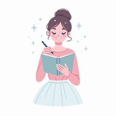 vector illustration a woman smiling and writing in a notebook
