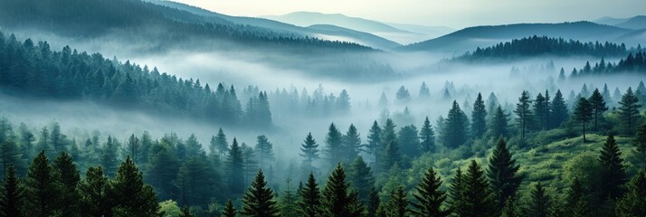 A wide panorama of forest in the morning fog in spring. Generative AI. - obrazy, fototapety, plakaty