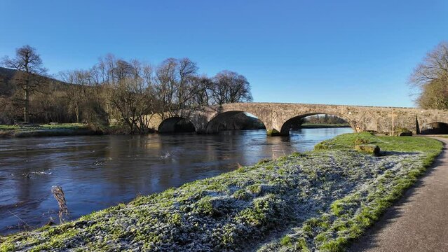 Frosty winter morning on The river Suir at Kilsheelan with river flowing in brilliant sunshine